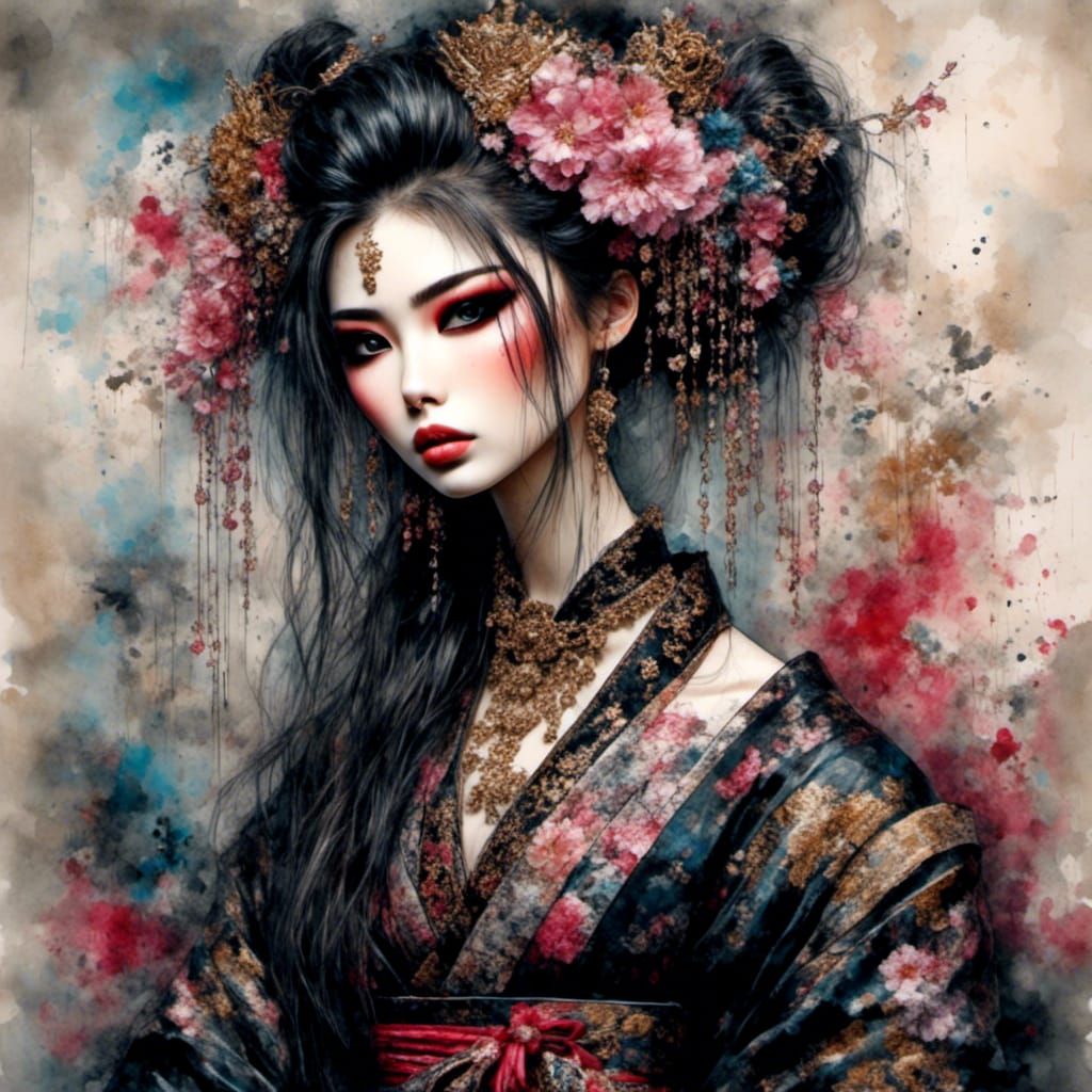 Geisha Portrait with Macabre Elements