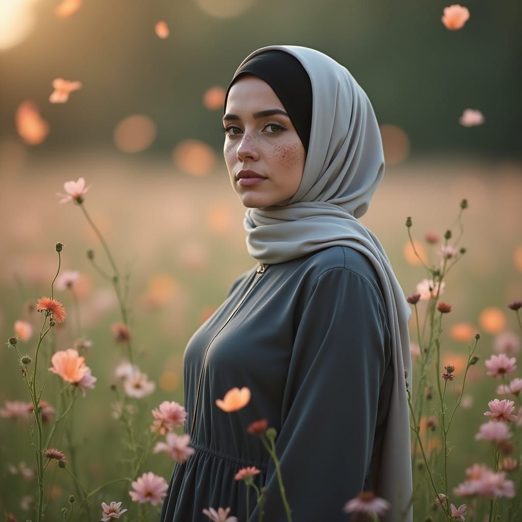 Hijabi Woman in Flower Field, Romantic Portrait