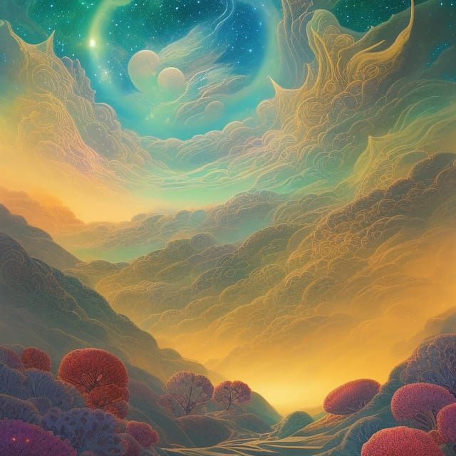 Rainbow Fantasy Landscape in Neo-Impressionism Style