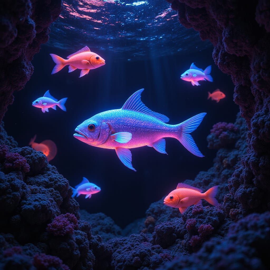 Bioluminescent Fish in Deep Ocean: Synthwave Retro Style