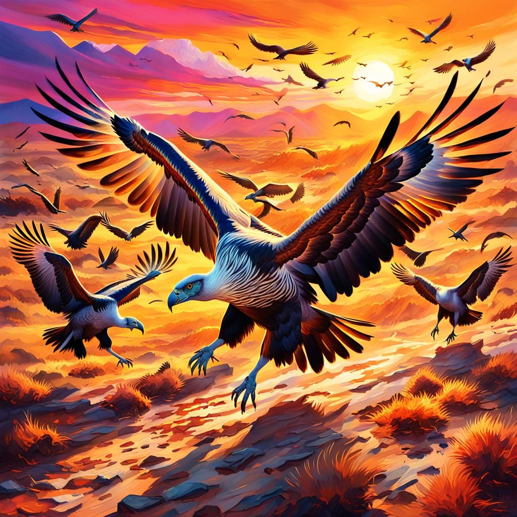Vultures Circling Prey at Sunrise: Digital Painting