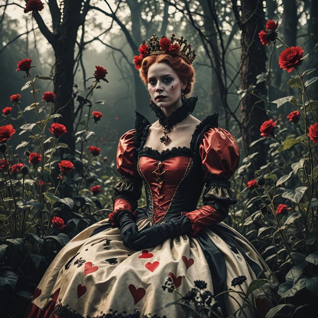 Queen of Hearts with Black Flowers: Cinematic Still