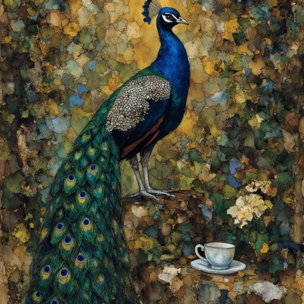 Art Nouveau Peacock in Tea Garden