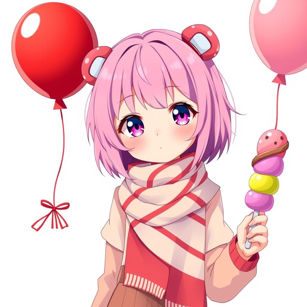 Adorable Anime Girl with Vibrant Pink Hair and Red Balloon