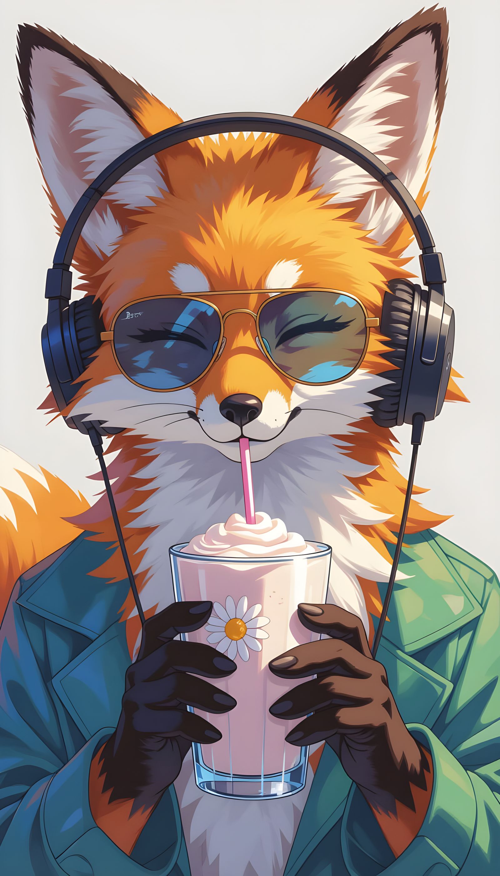 Anime Fox Lounging with Milkshake in Sunglasses