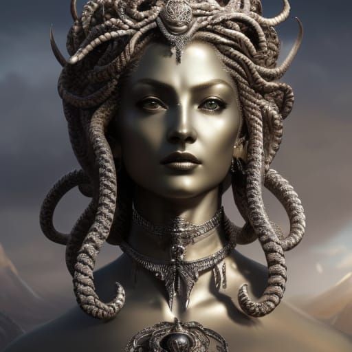 Medusa Silver Statue in Dark Fantasy Concept Art