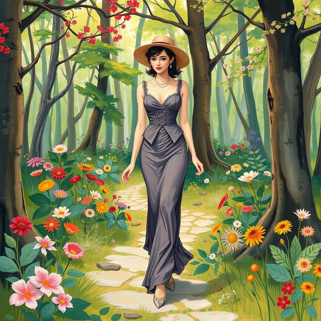 Woman in Whimsical Forest with Expressive Brushstrokes