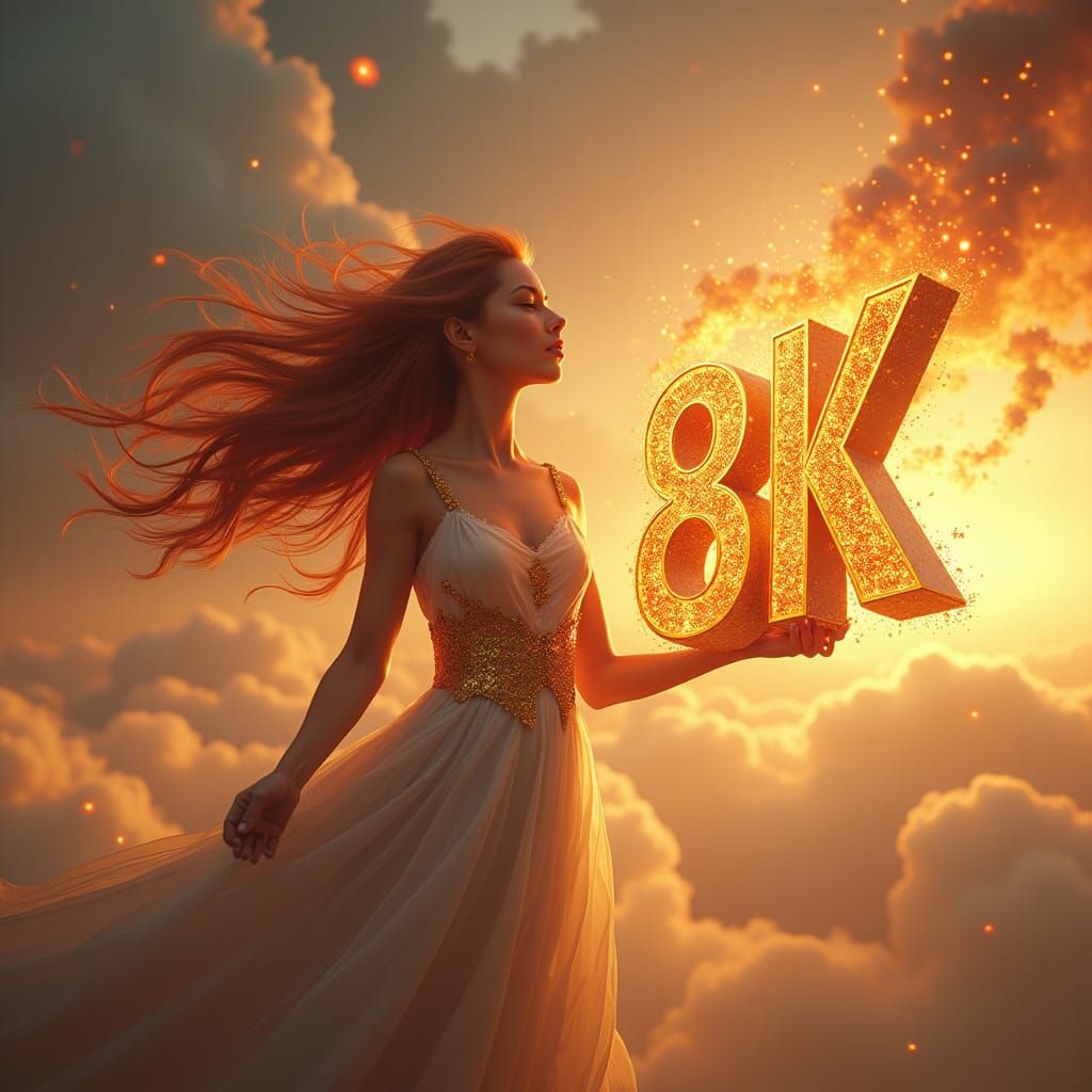 Triumphant Woman Holds 8K Sign in Fantasy Art