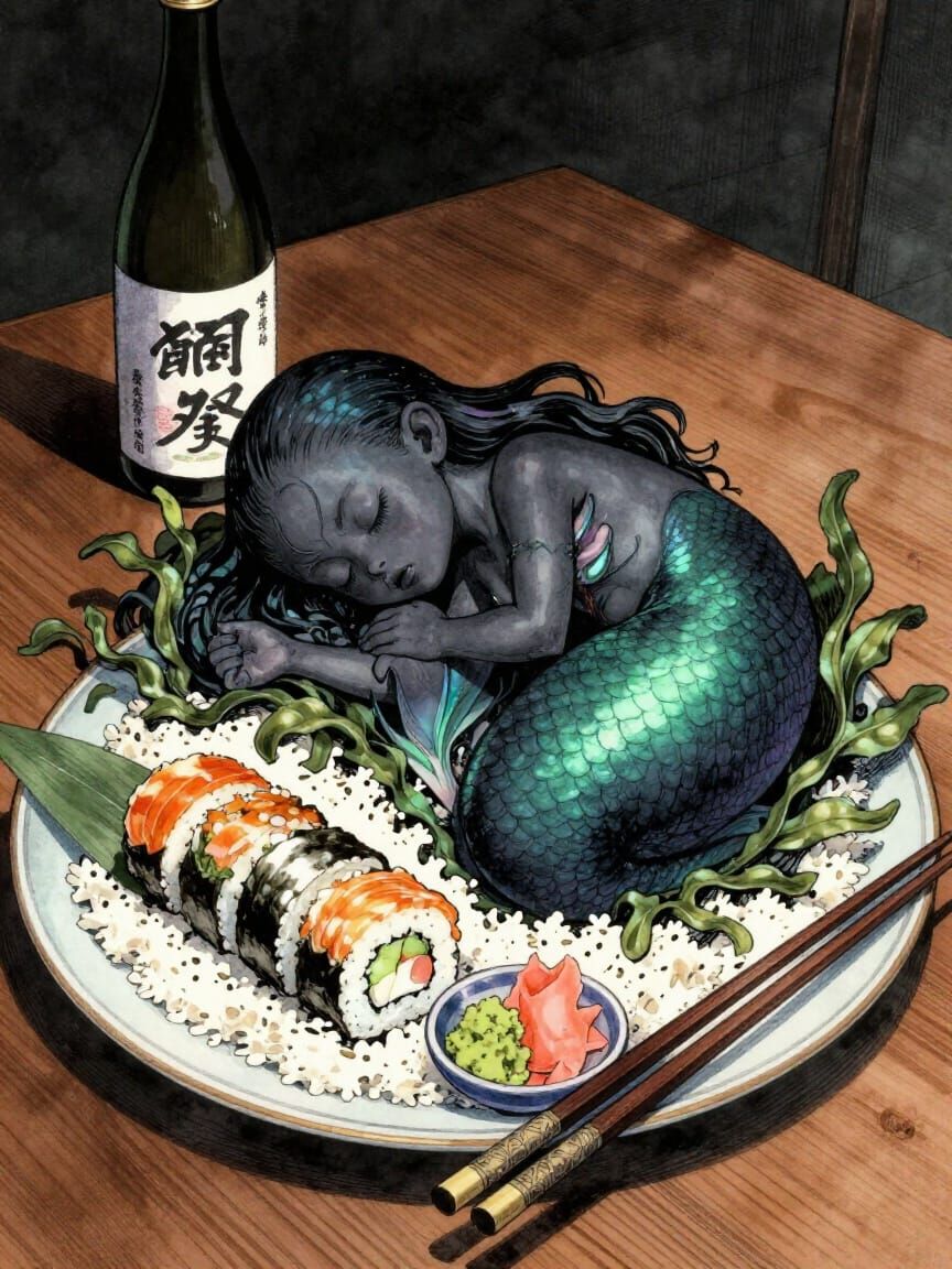 Dark Fantasy Siren Mermaid Sleeping on Rice
