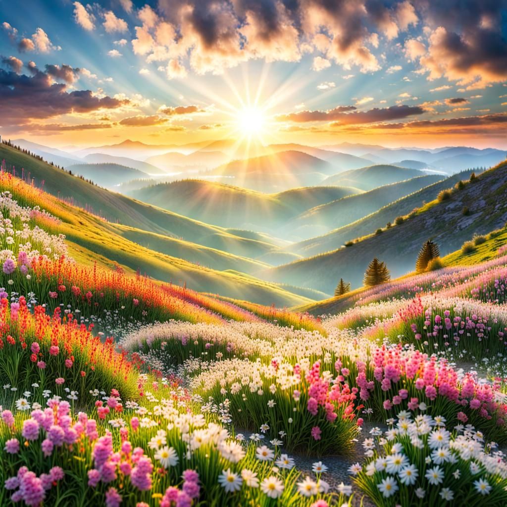 Floral Mountain Landscape at Sunrise in Pastel Colors