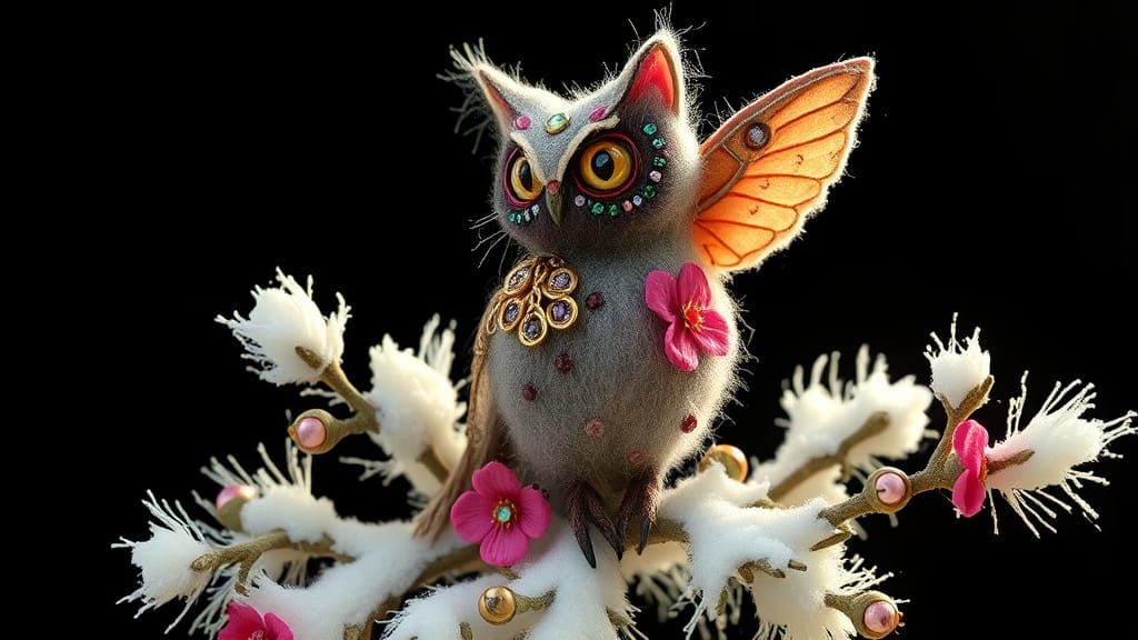 Whimsical Felted Cat-Moth-Owl on Snowy Pine