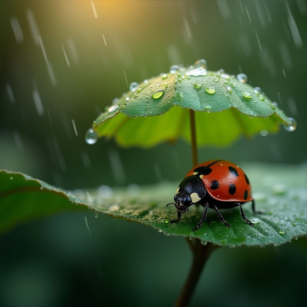 Ladybug Under Rainy Leaf
