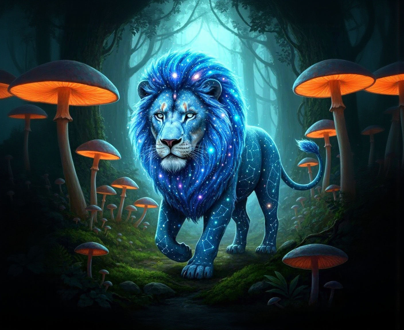 Starlight Lion in Glowing Mushroom Forest