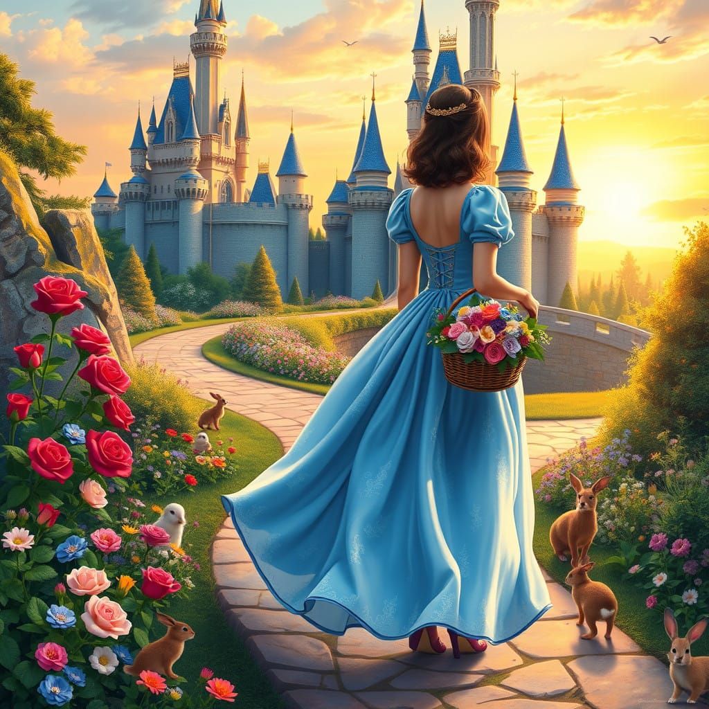 Ethereal Princess Approaches Whimsical Castle in Disney-Insp...