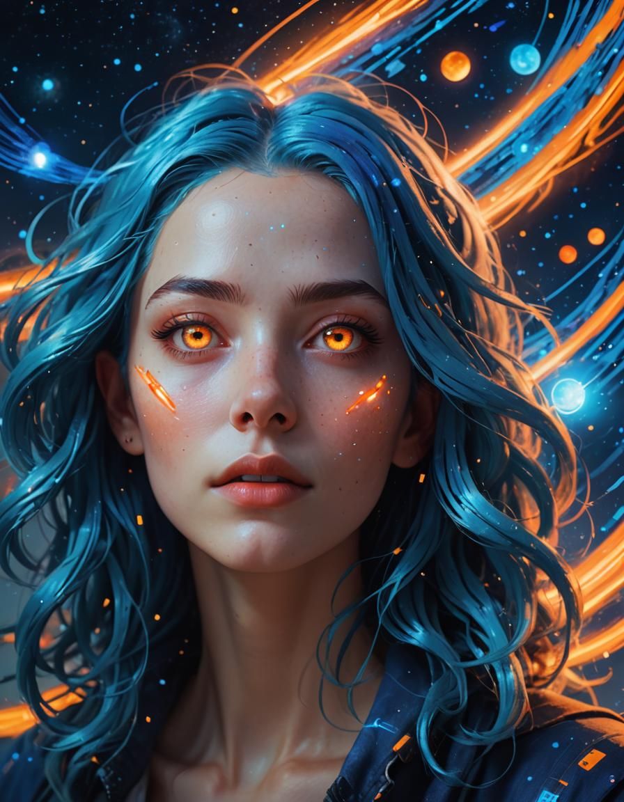 Cosmic Girl Gazing at Stars in Futuristic Art