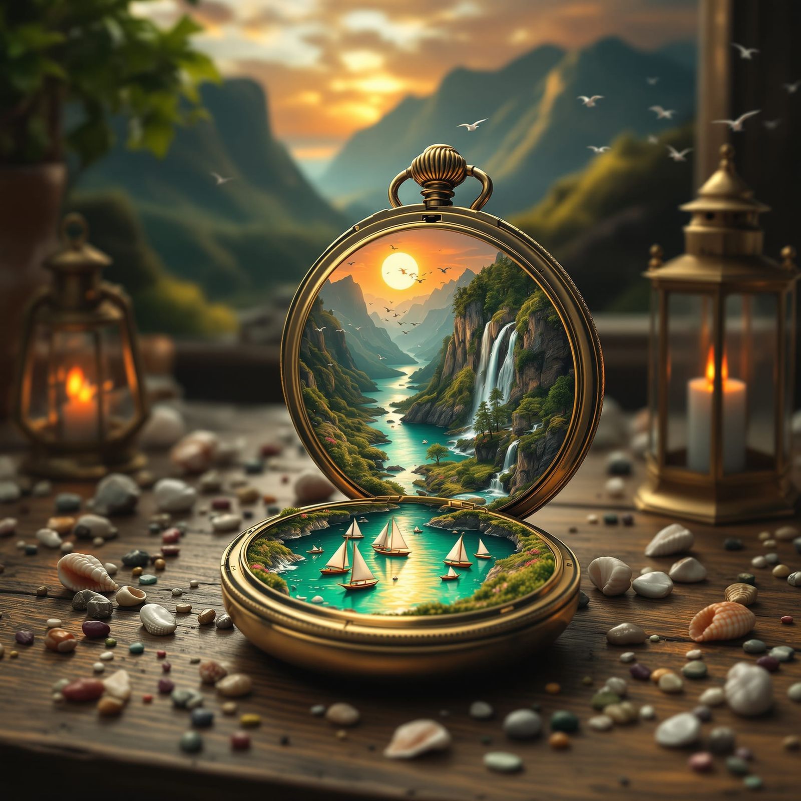 Pocket Watch Reveals Miniature World with Emerald Lake