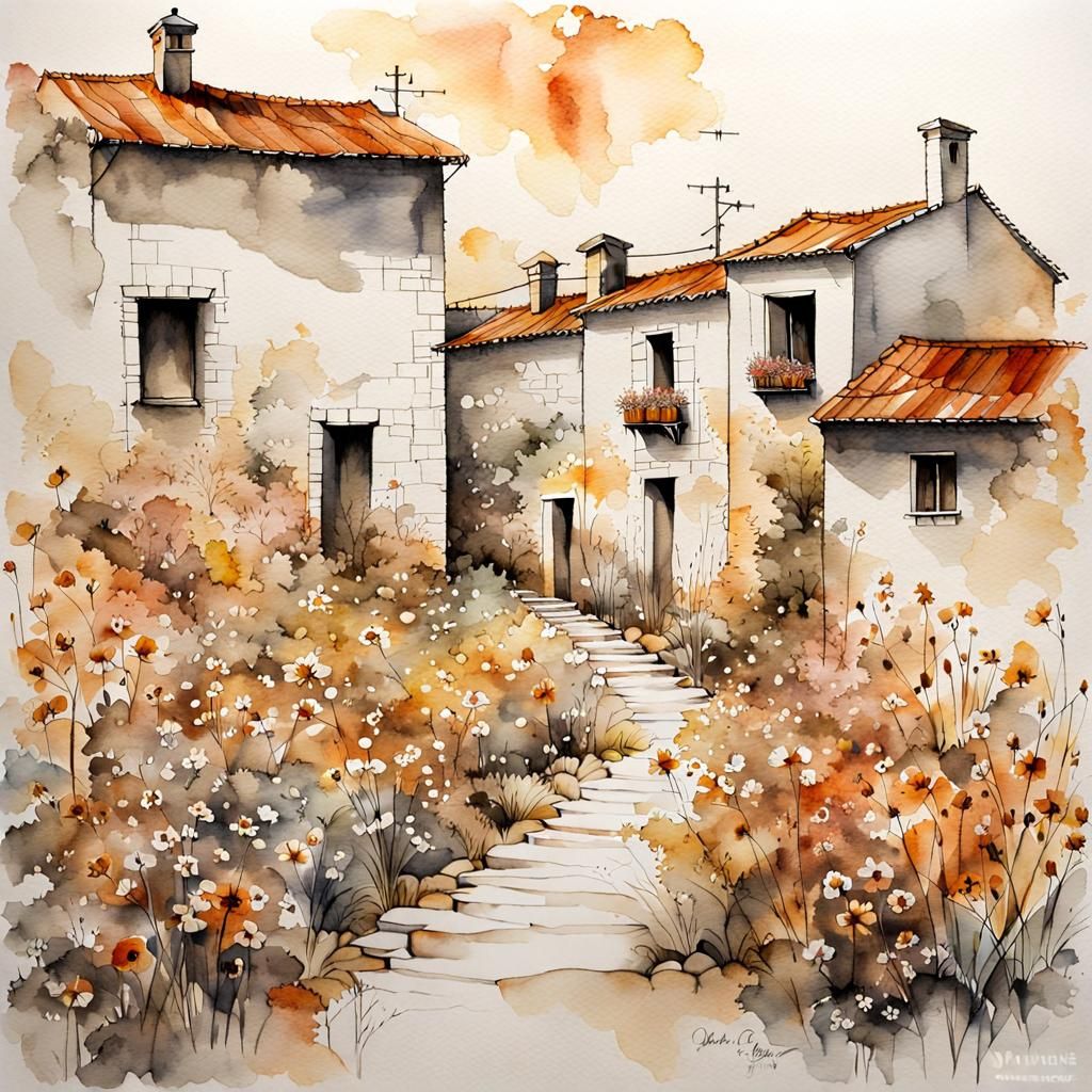 Detailed Watercolor of Italian Village on Canvas