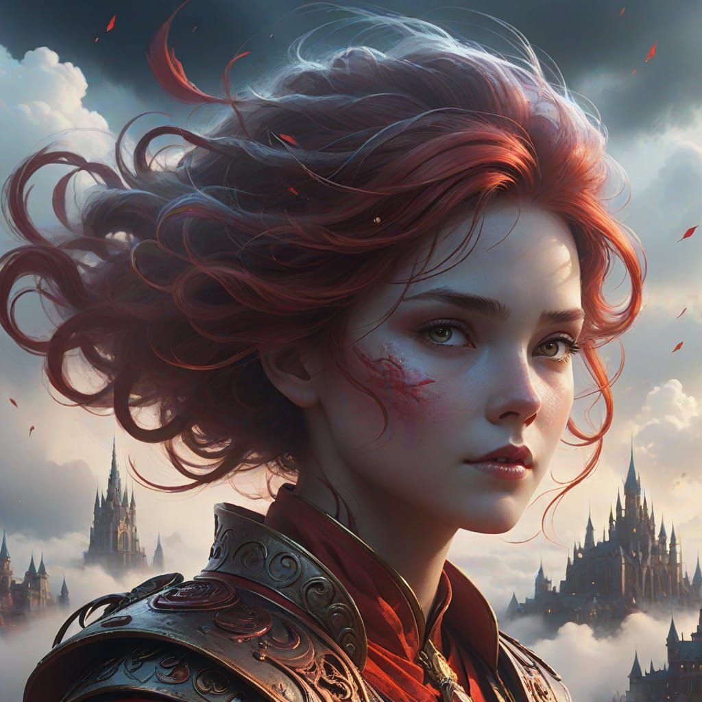 Majestic Red Air Elemental in Whimsical Cloud Cityscape