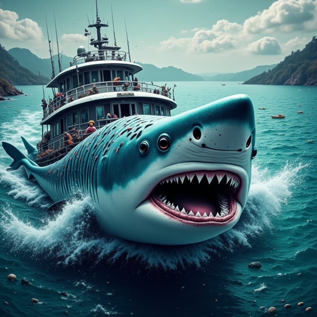Blood-Red Shark Devours a Striking Boat in a Hyper-Realistic...