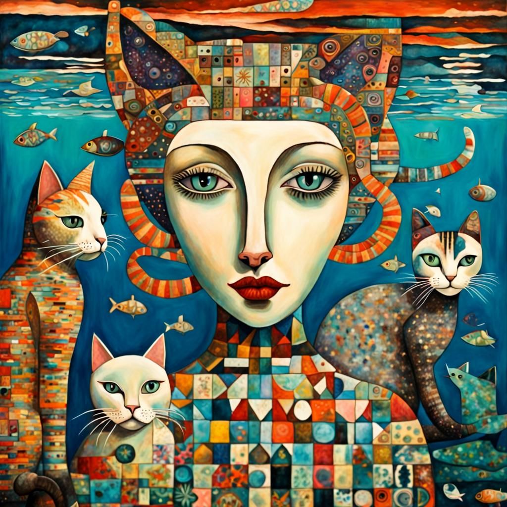 Whimsical Cats Swimming in Surreal Underwater Art