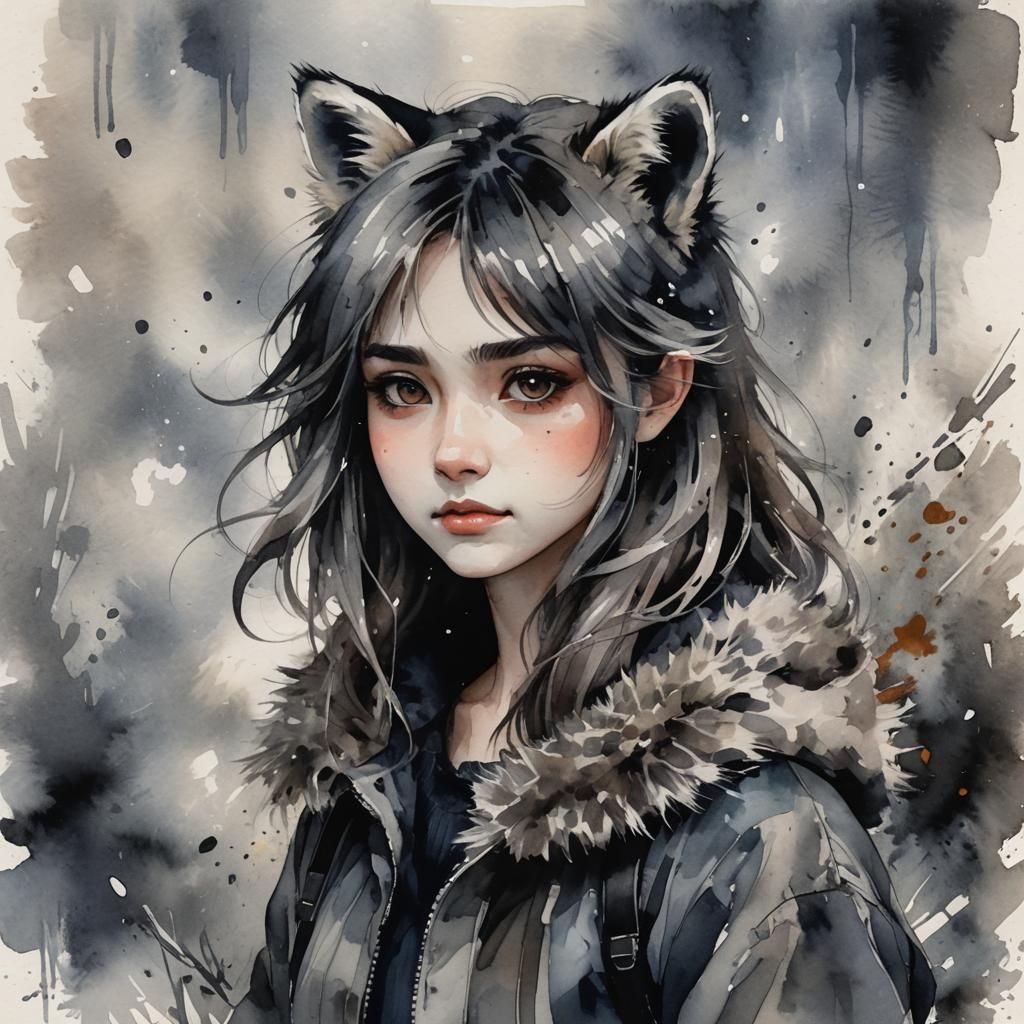 Raccoon-Eared Woman in Watercolor Anime Style