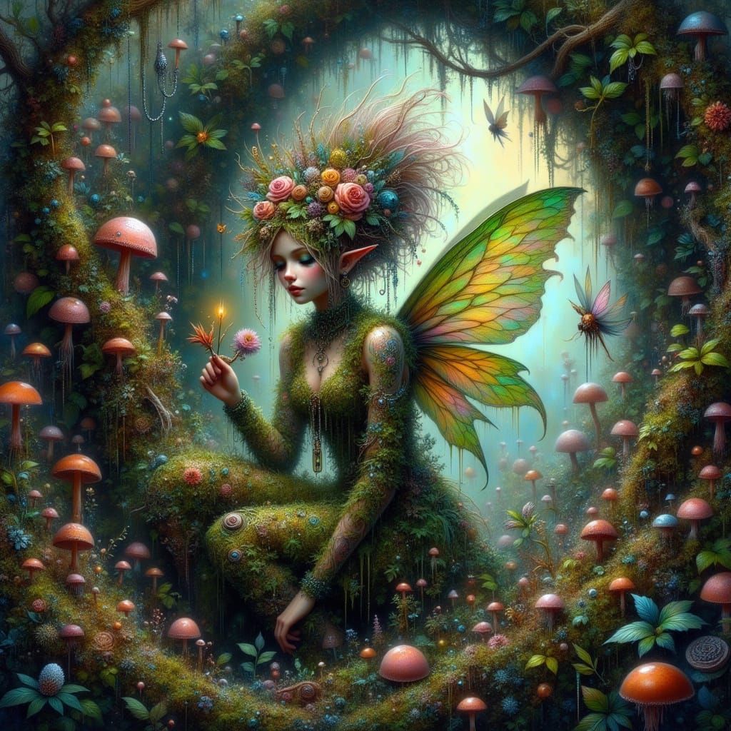 Moss Fairy in Hidden Grotto, Alphonse Mucha Style