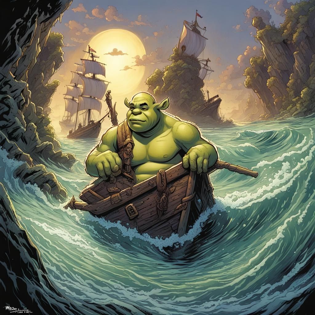 Shrek Shipwrecked in Comic Book Art Style