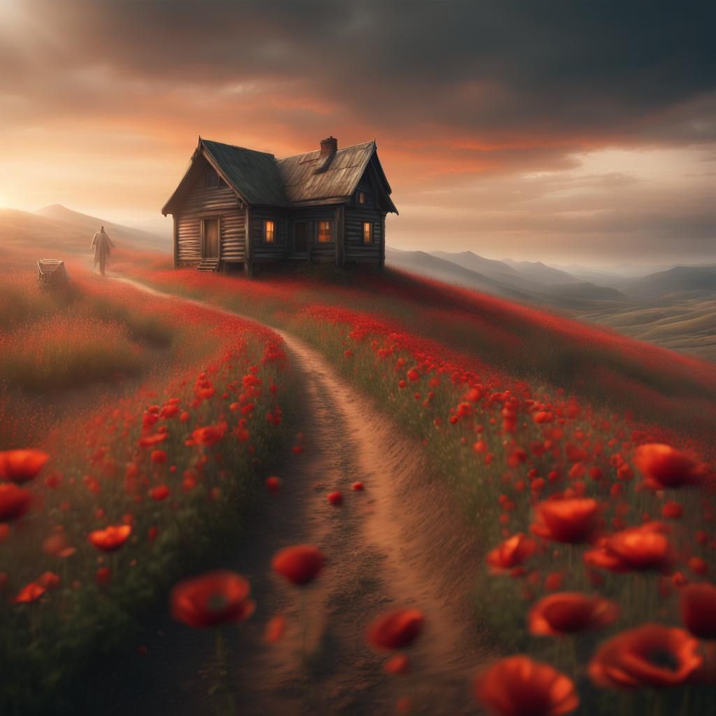 Poppy and Rose Landscape with Distant Cabin