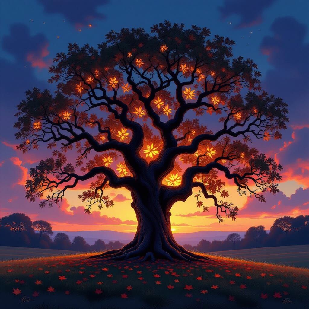 Majestic Ancient Oak Tree in Twilight Meadow