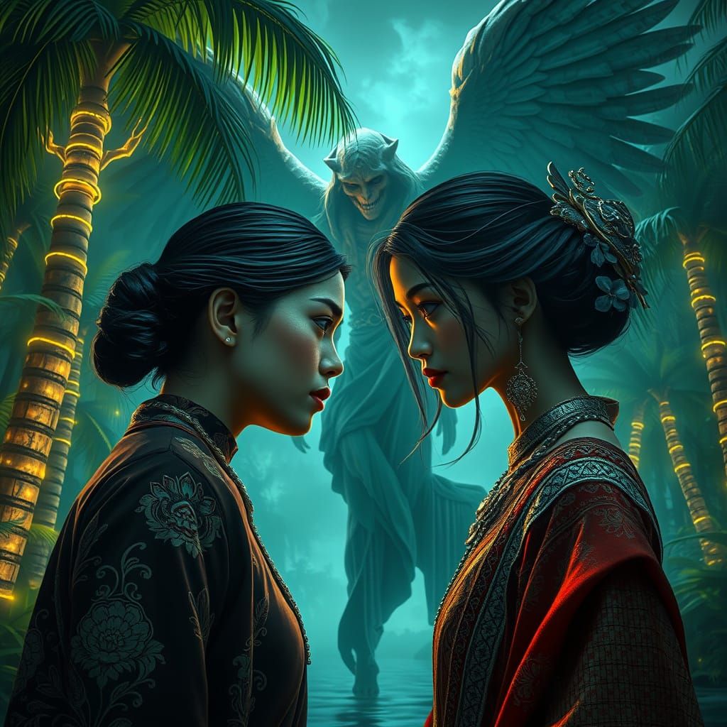 Surreal Bioluminescent Island Scene with Angel of Death