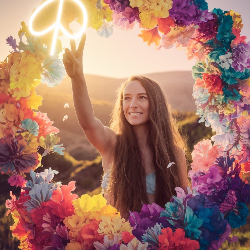 Vibrant Hippie Surrounded by Enchanted Psychedelic Flowers i...