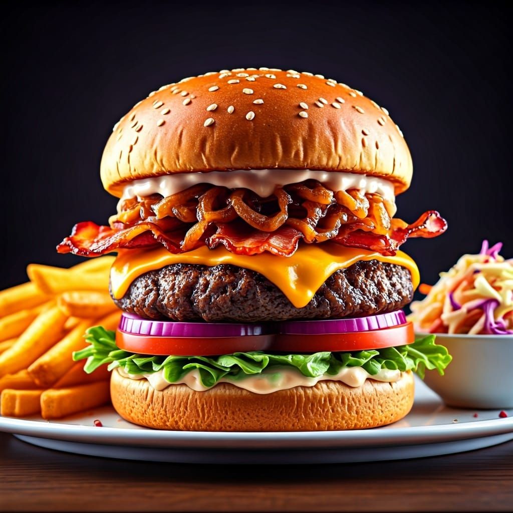 Mouthwatering Cheeseburger with Fries in Stylized Digital Ar...