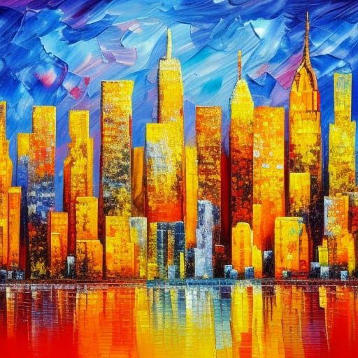 New York City in Golden Crystal Ball: Expressionist Oil Pain...