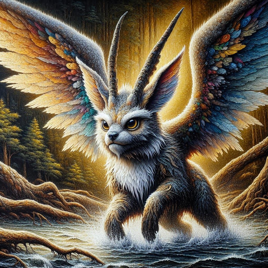 Detailed Oil Painting of a Winged Wolpertinger