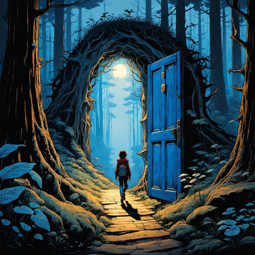 Child Walks Through Dimensional Doorway in Painterly Style