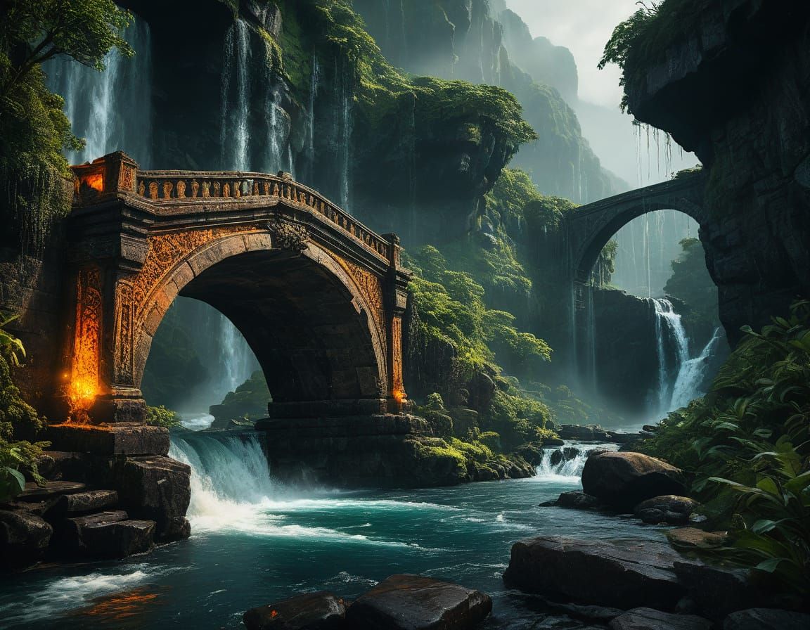 Ancient Stone Bridge Under Heavy Rainfall in Hyperrealistic ...