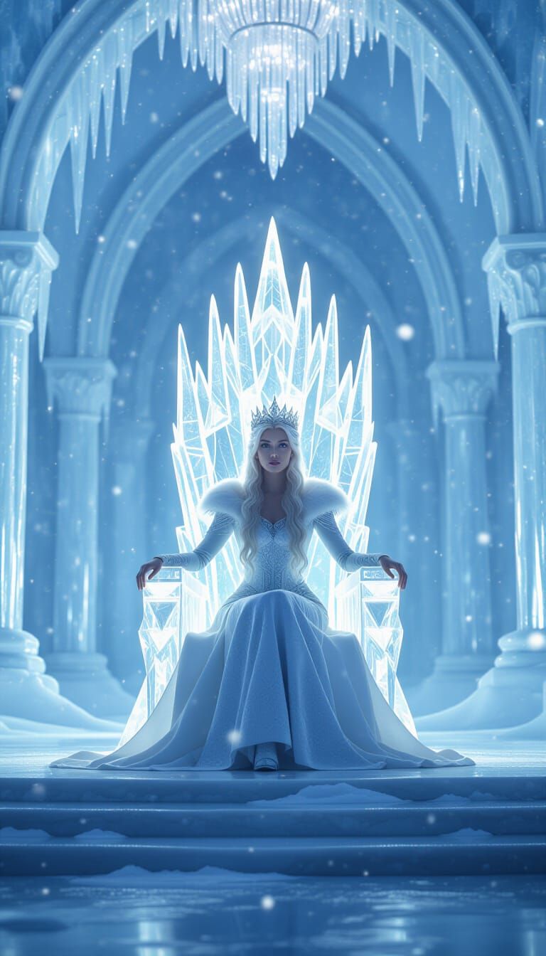 Ice Queen on Crystal Throne in Frozen Hall