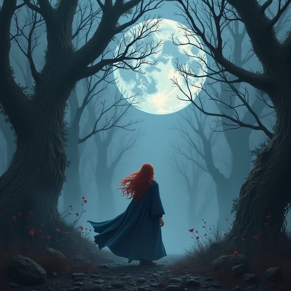 Mystical Dark Fantasy Forest Scene with Red-Haired Woman