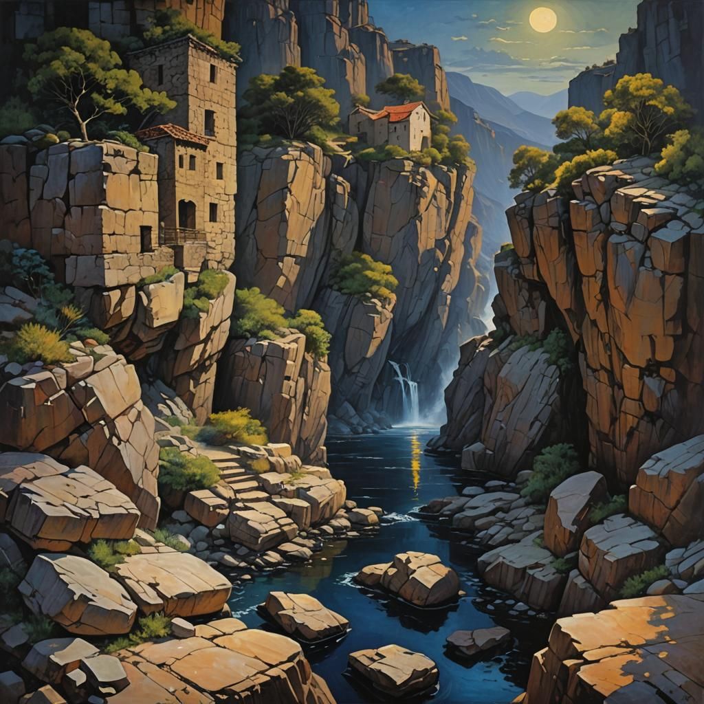 Surreal Summer Night Landscape in Oil Painting Style