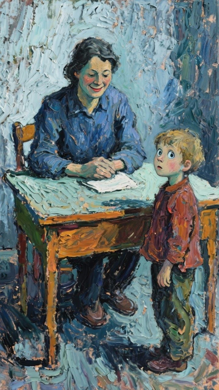 Parent and Child at Desk, Impasto Style
