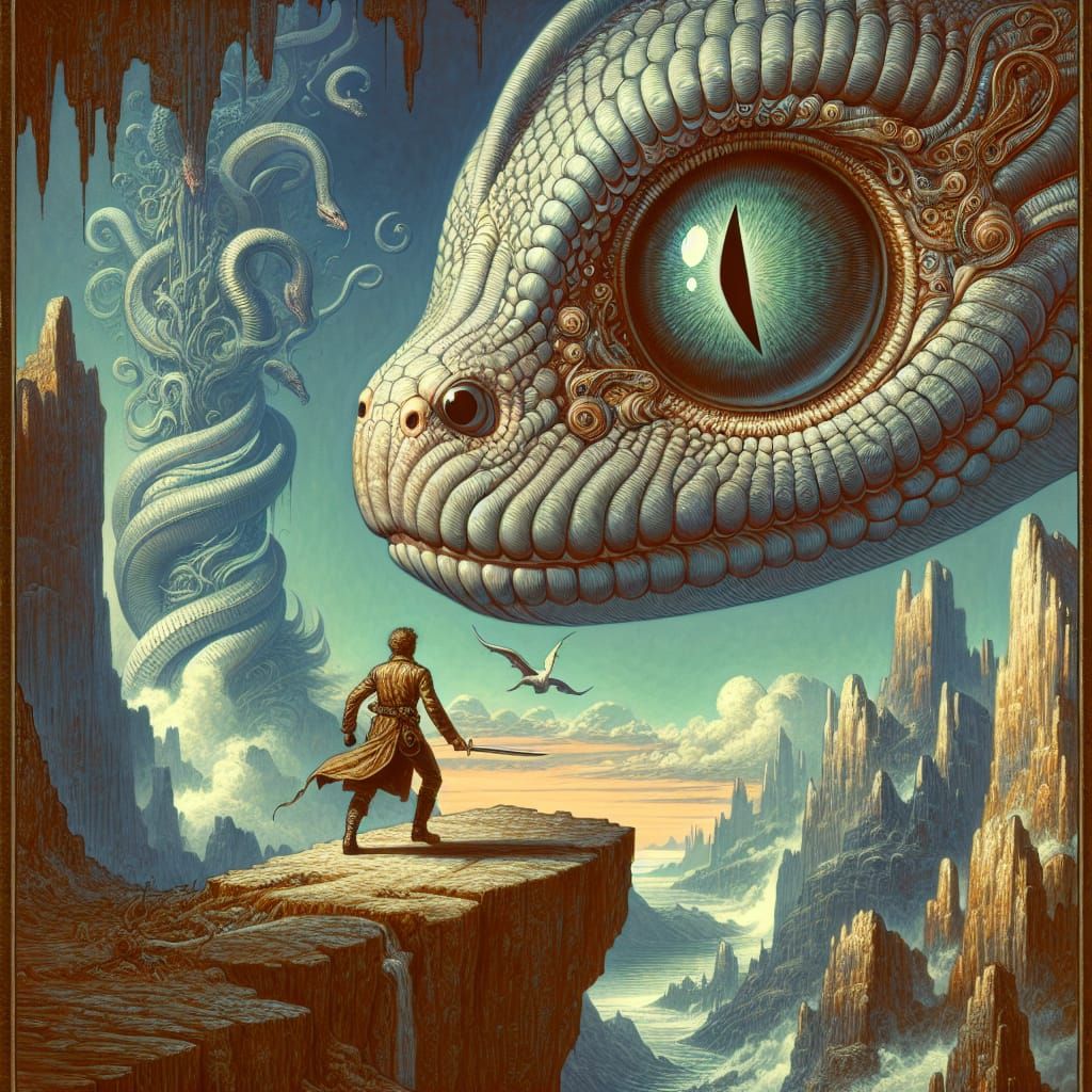 Adventurer Gazing at Giant Snake Eye in Cavern