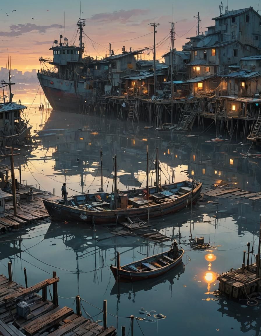 Post-Apocalyptic Steampunk Fishing Dock at Sunrise