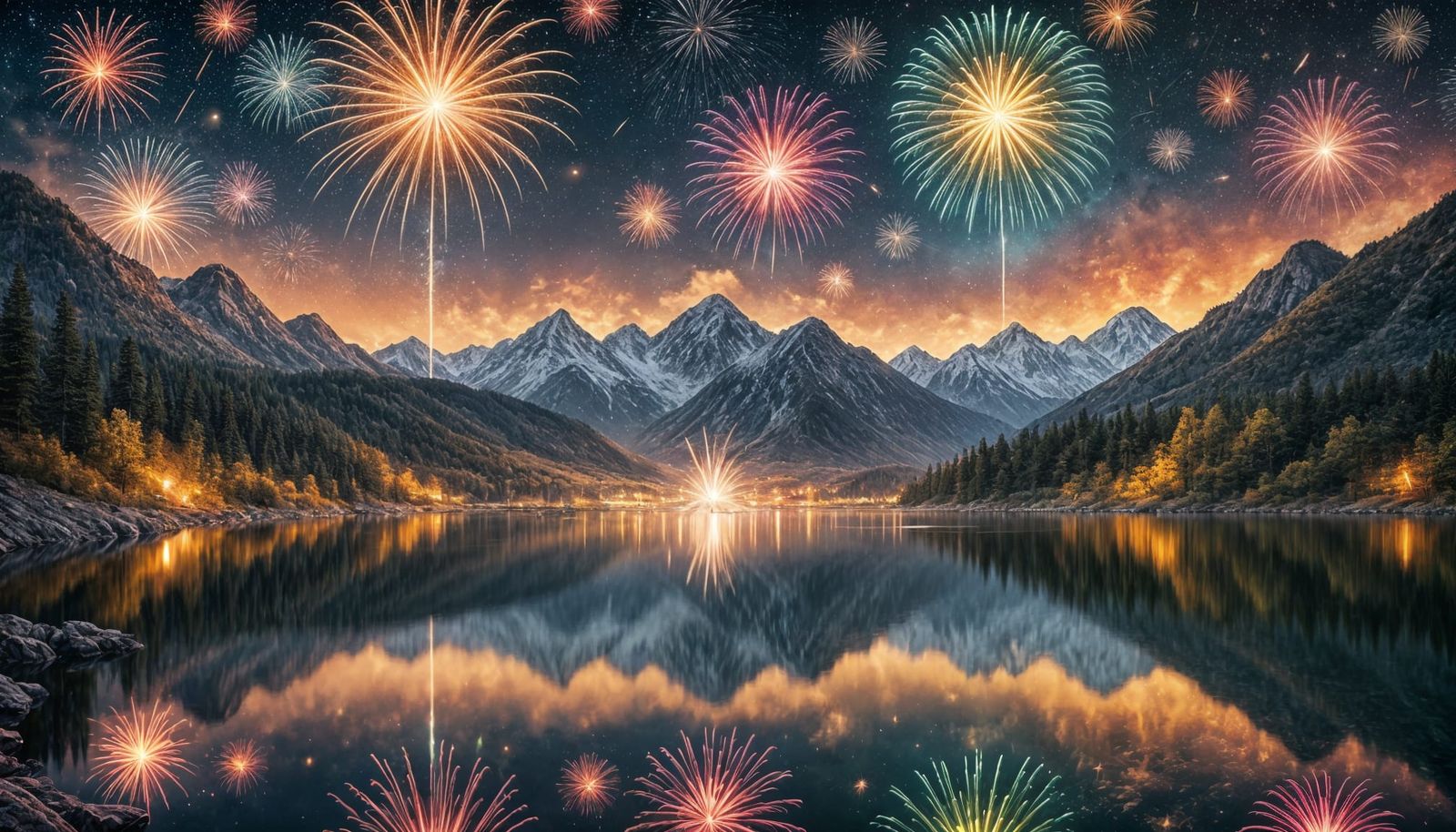 Pastel Fireworks Display Over Calm Lake