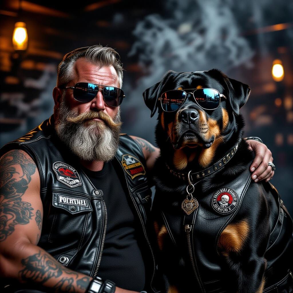 Biker and Rottweiler in Cinematic Portrait