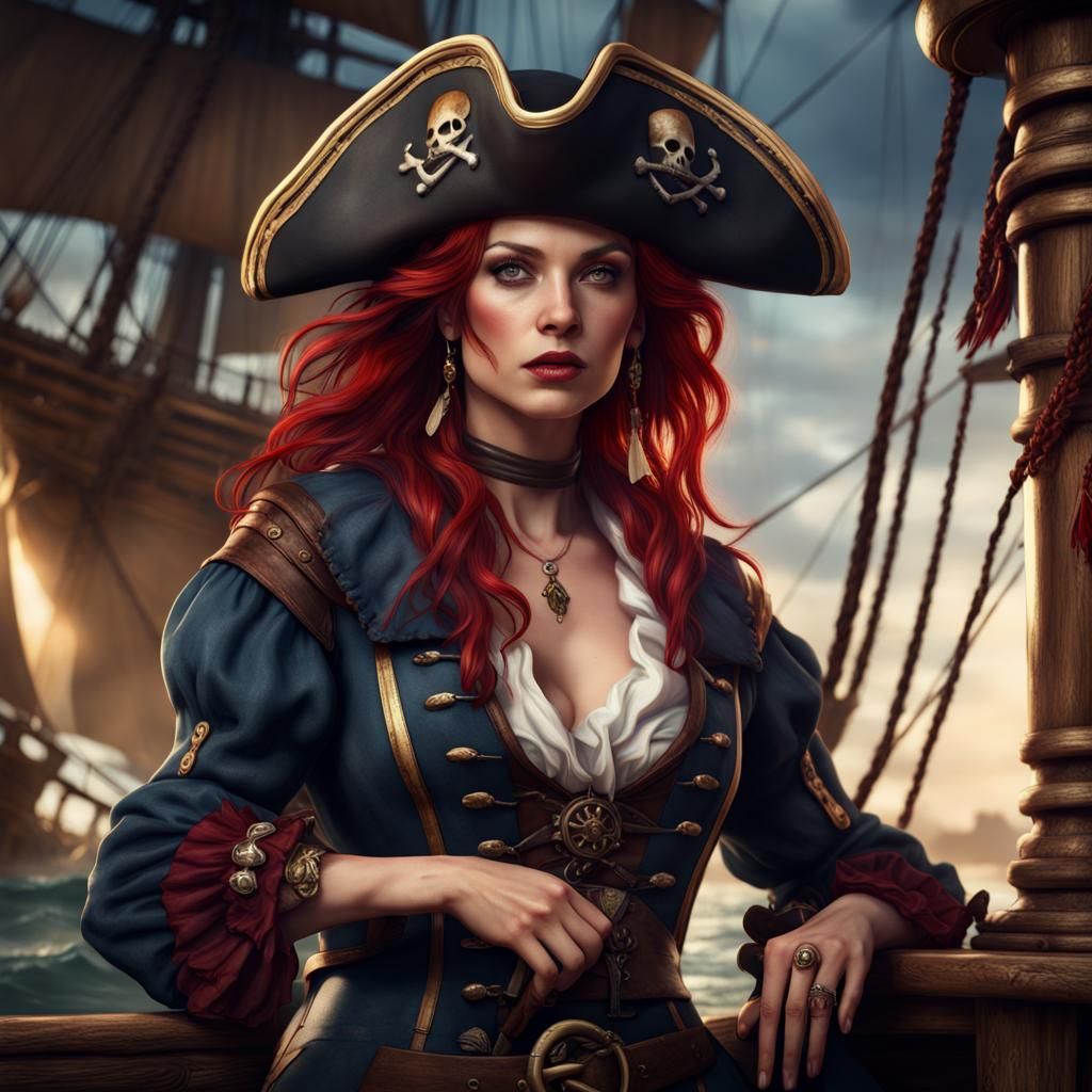 Pirate Lady with Red Hair in Detailed Painting