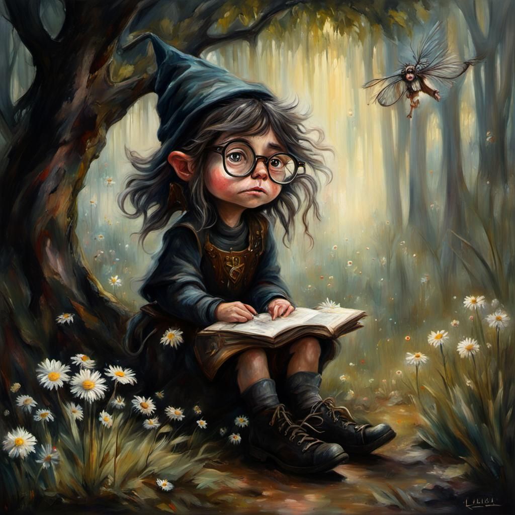 Whimsical Gnome Girl Oil Painting Under Tree Branch