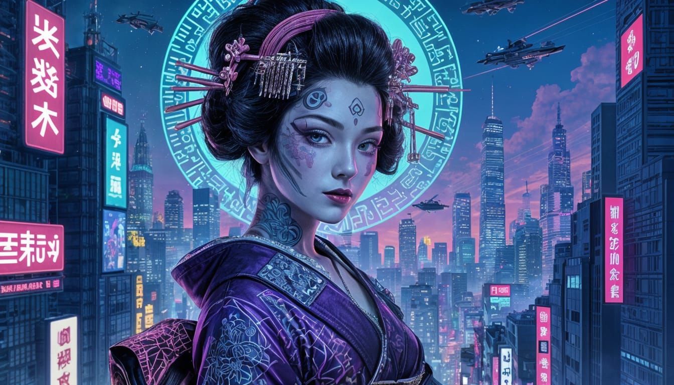 Cyberpunk Geisha Portrait in Art Deco Style