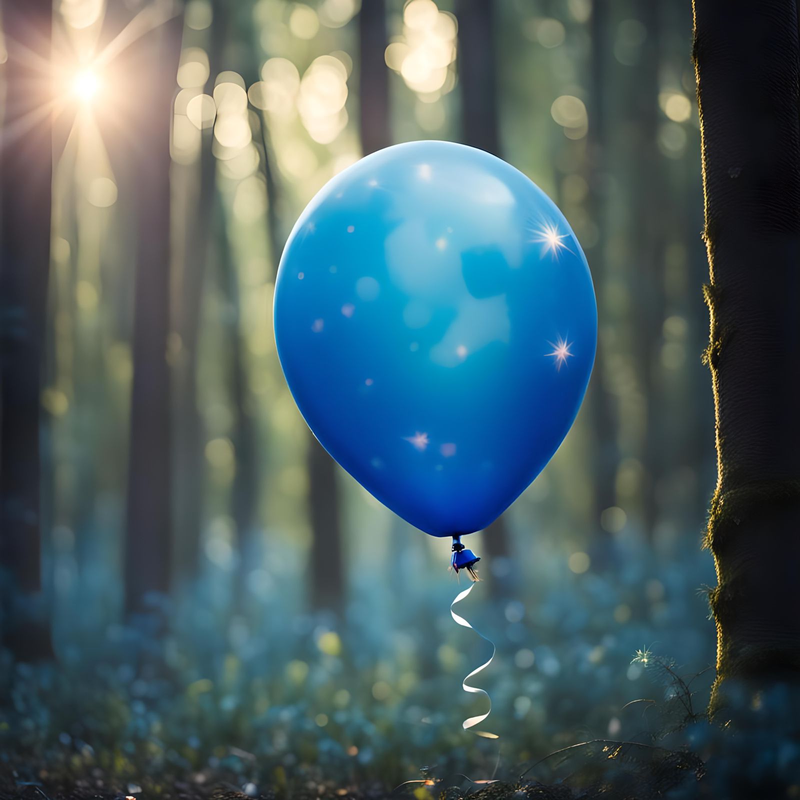 Blue Balloon Flies in Magical Forest Photo