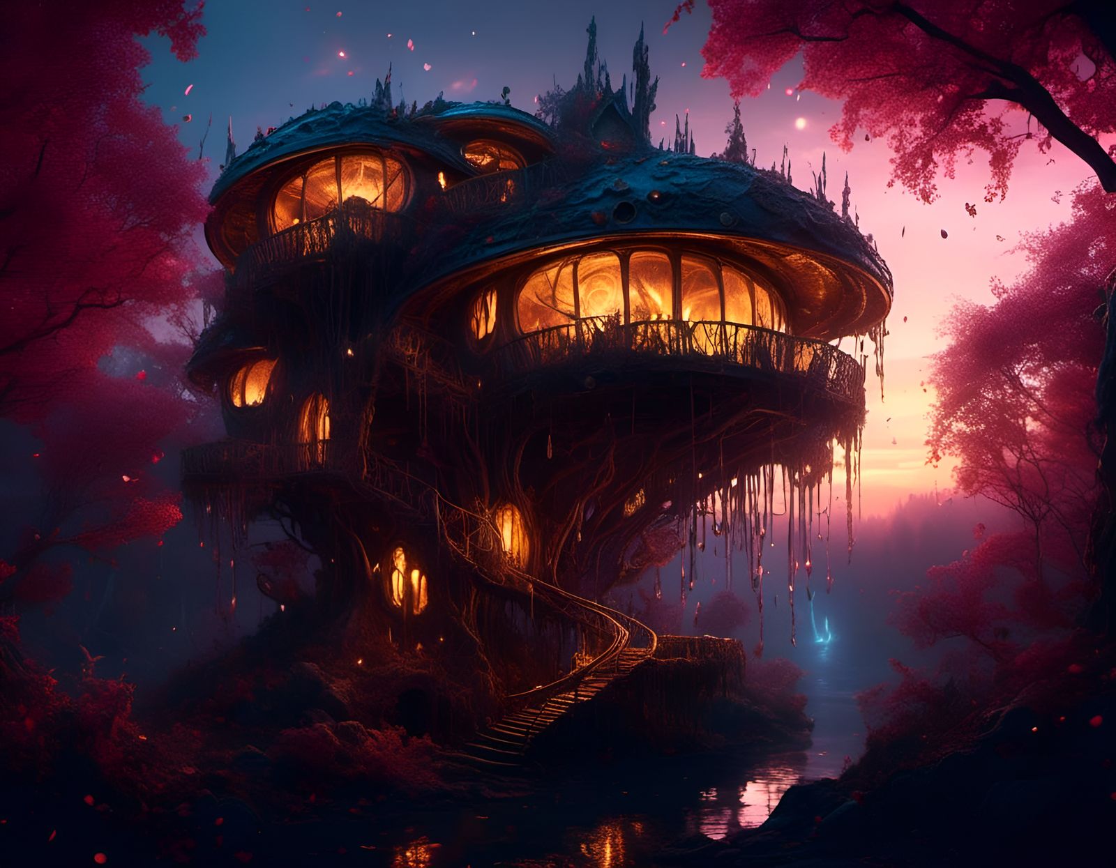 Bioluminescent Shell Treehouse Mansion in Evening Light