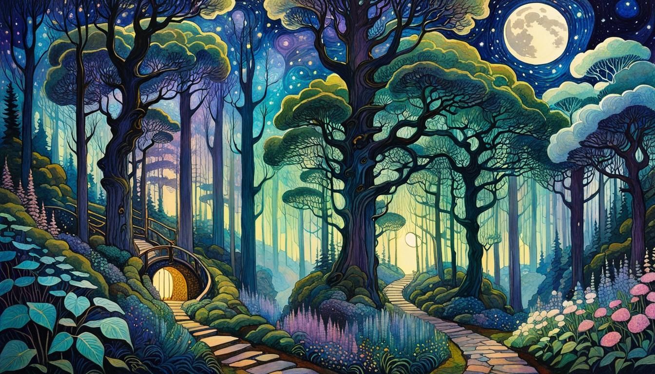 Surreal Fantasy Forest Landscape with Swirling Clouds